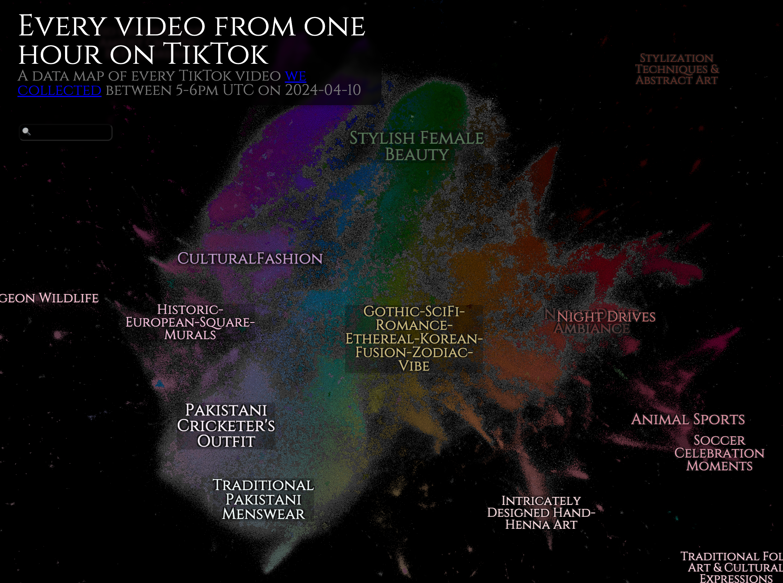 Semantic map of every TikTok video posted between 5-6PM UTC on April 10, 2024